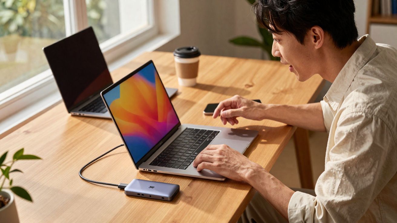 Homem usando laptop em mesa de madeira com outro notebook, copo de café e periféricos próximos.