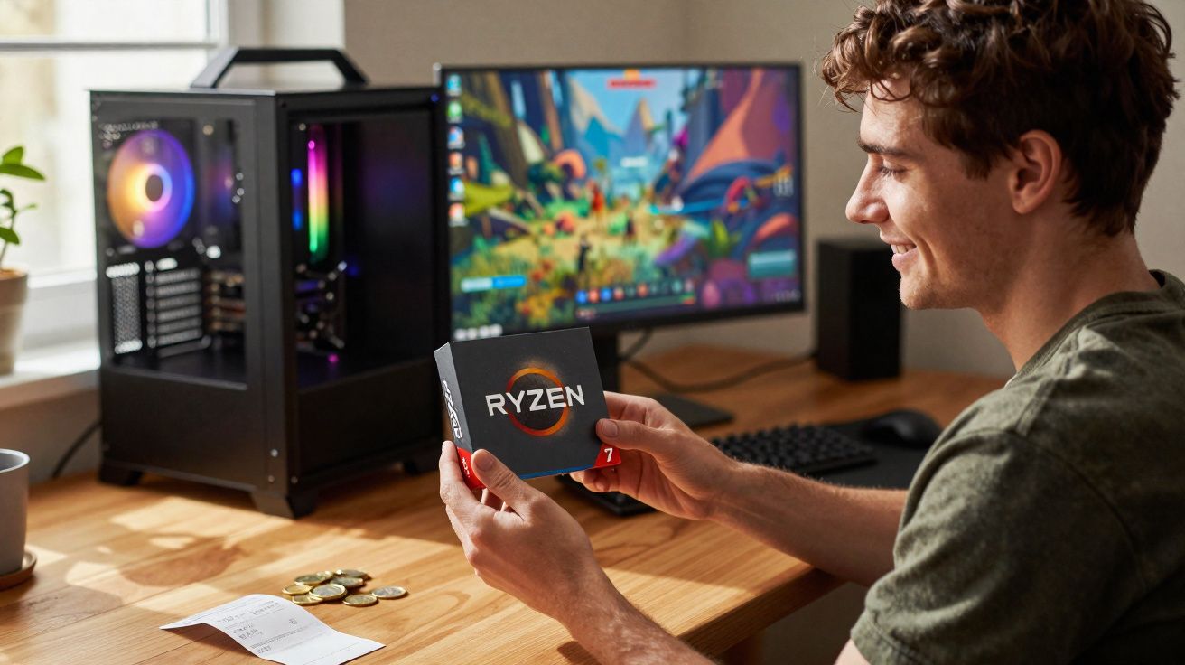 Homem sorridente segurando uma caixa de processador Ryzen 7 perto de computador com jogo na tela.