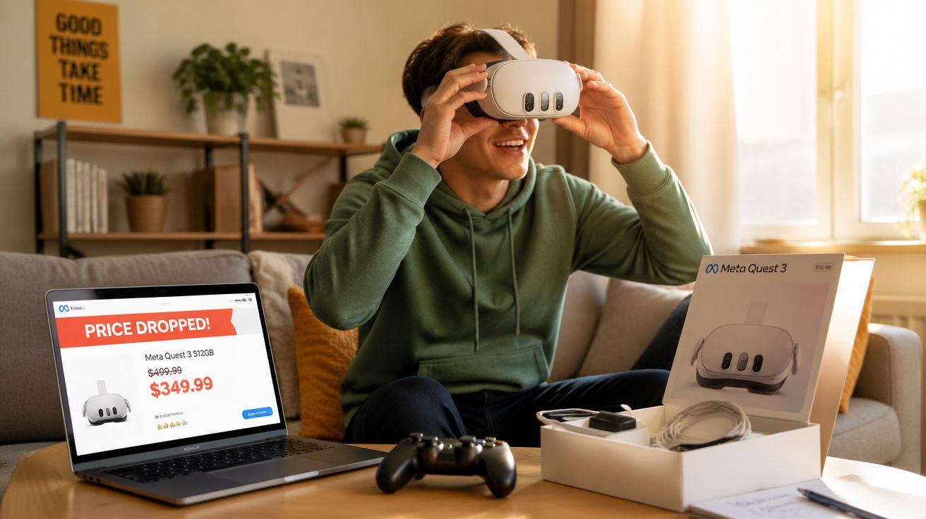 Jovem usa óculos de realidade virtual Meta Quest 3 em casa com laptop mostrando desconto no produto.