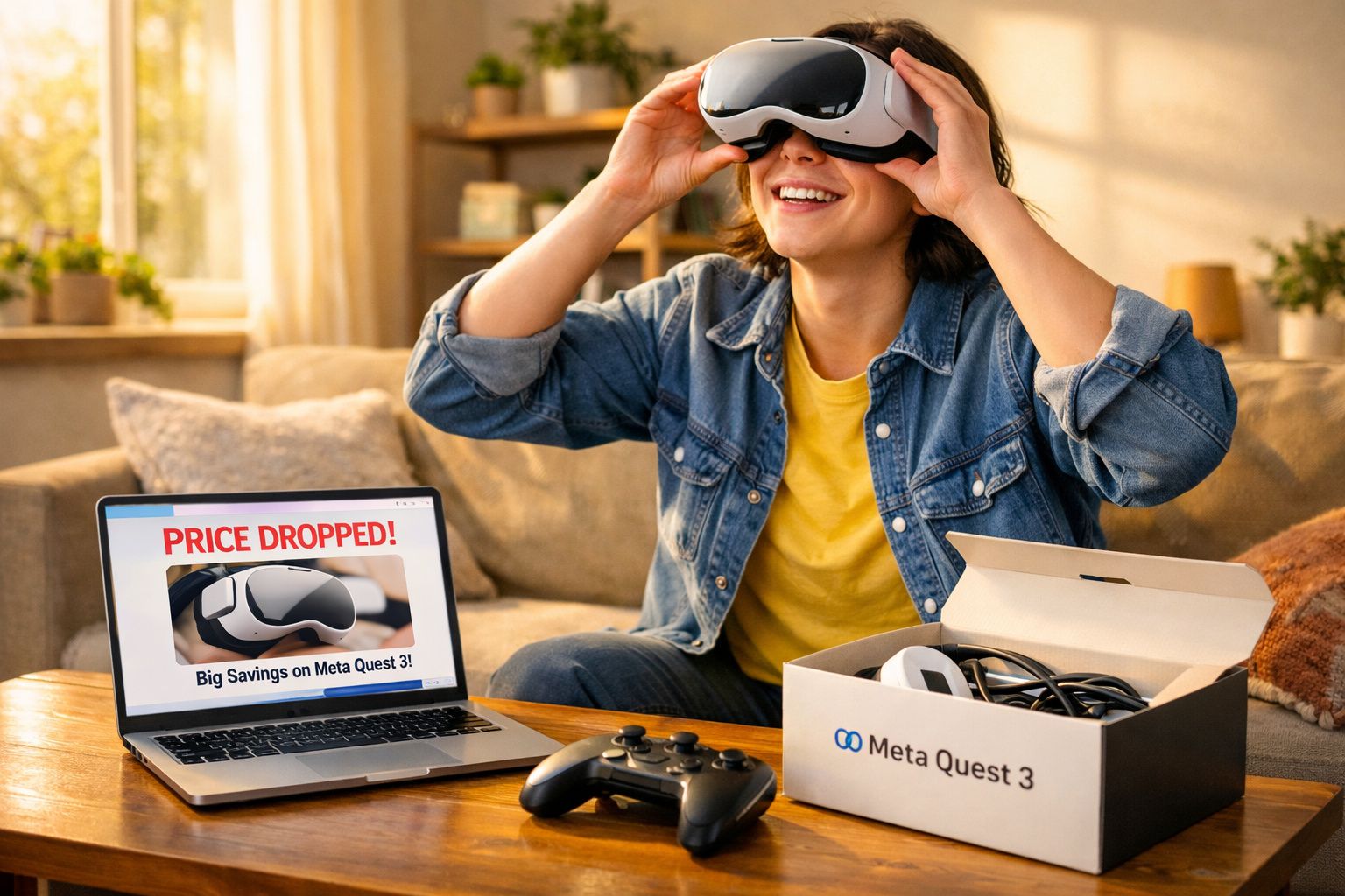 Pessoa sorrindo usa óculos de realidade virtual Meta Quest 3 sentada próxima a laptop e controle em sala iluminada.