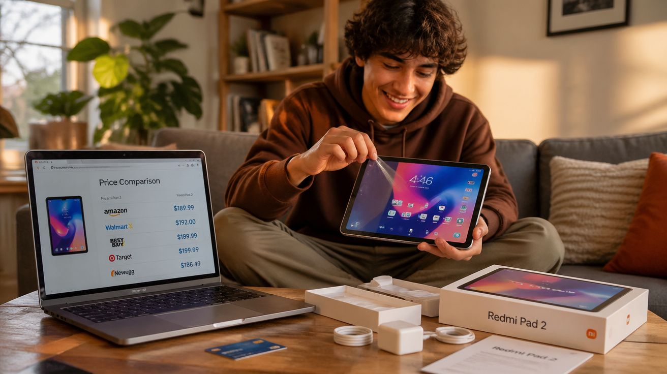 Jovem sentado segurando tablet Redmi Pad 2 novo, com laptop exibindo comparação de preços e acessórios na mesa.