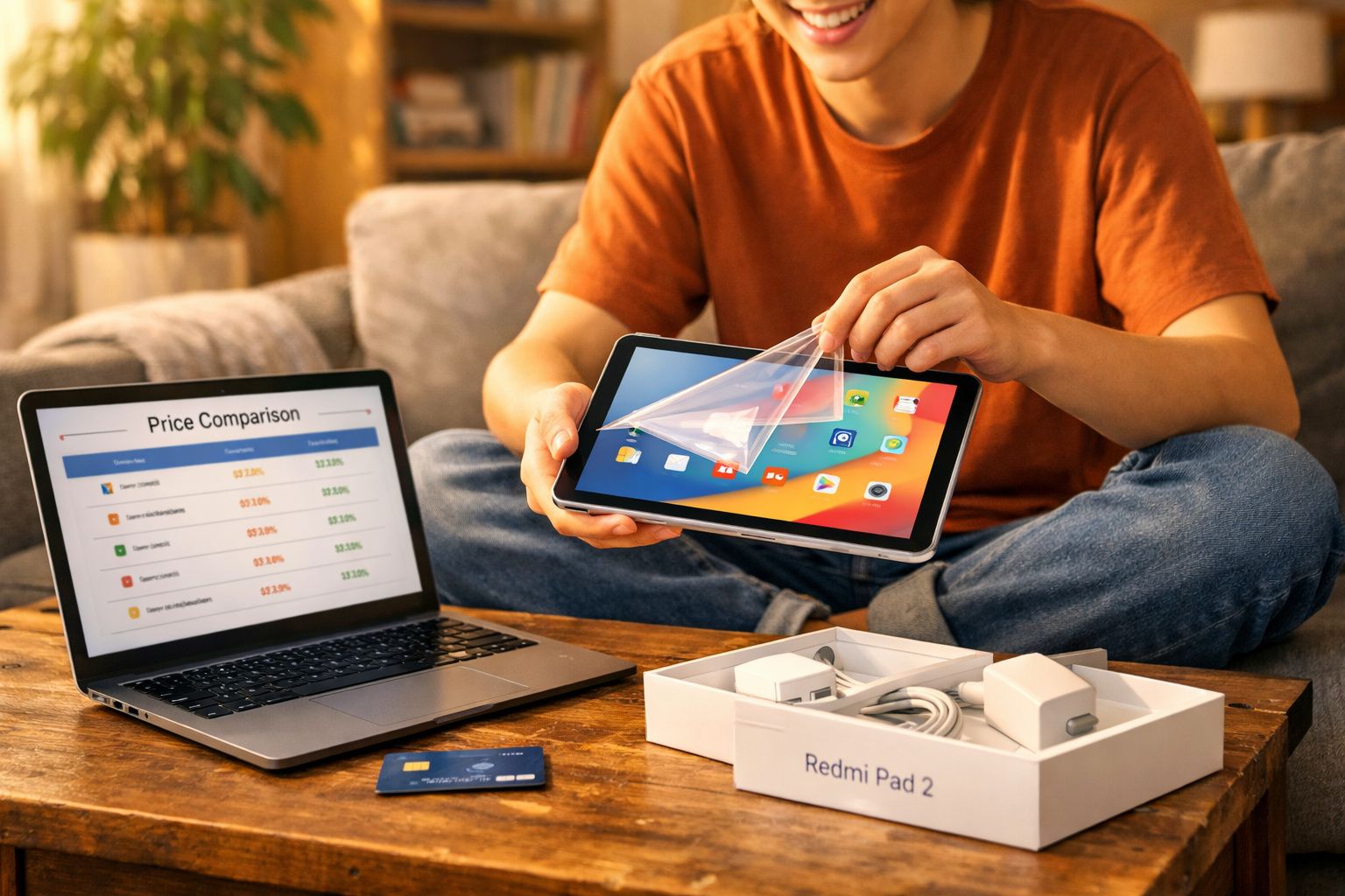 Pessoa desembrulhando película protetora de tablet Redmi Pad 2, com laptop e cartão na mesa.