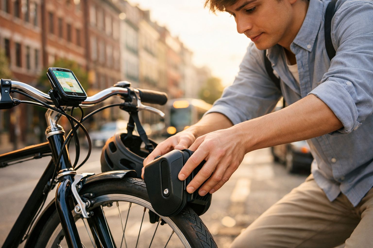 Homem prendendo bolsa em bicicleta com GPS em rua urbana ao pôr do sol.