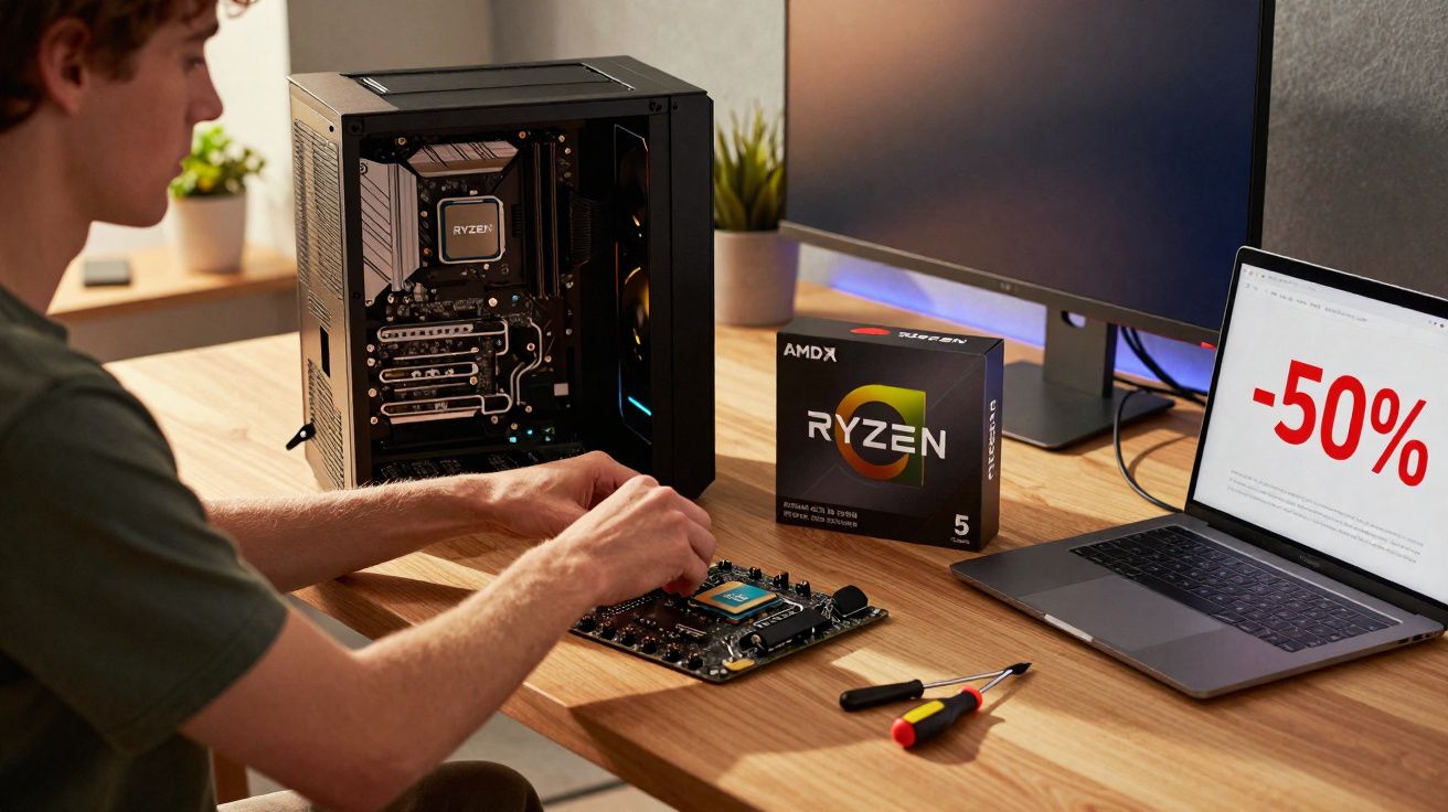 Homem montando computador com processador Ryzen 5 em mesa com laptop e peças eletrônicas.