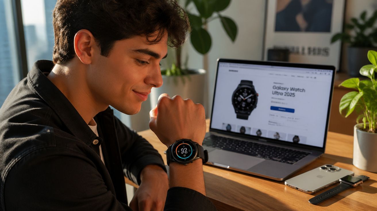 Homem jovem olhando para smartwatch no pulso, com laptop aberto mostrando Galaxy Watch Ultra 2025.