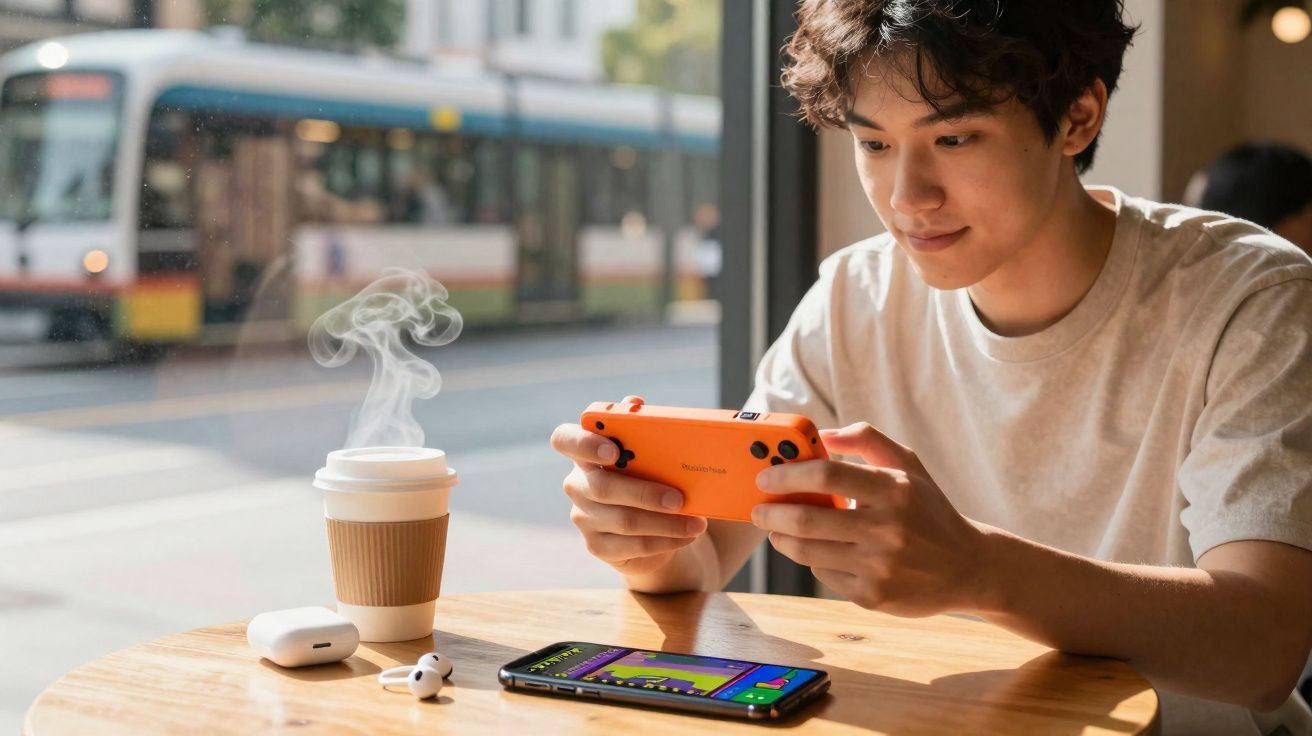 Jovem sentado em cafeteria jogando videogame portátil com café e fones sem fio na mesa.