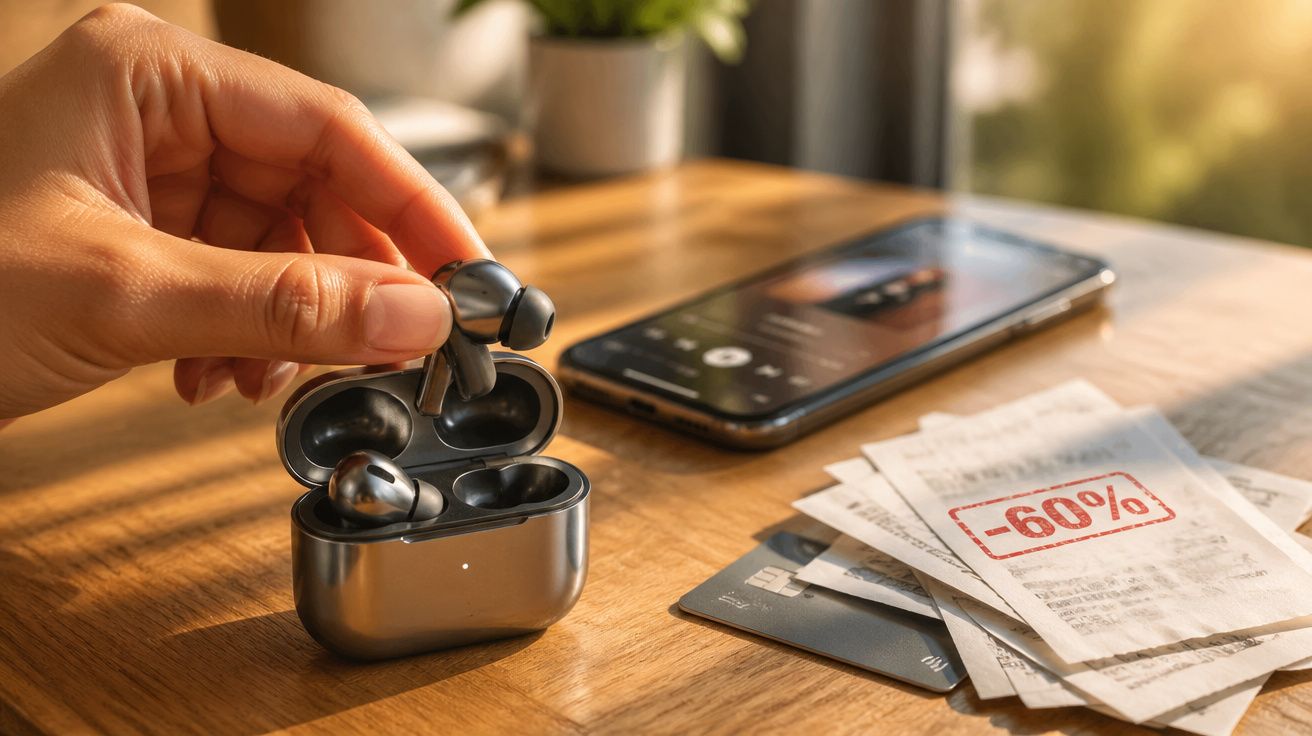 Mão segurando fone de ouvido sem fio retirando do estojo, com celular e recibos de desconto sobre mesa de madeira.