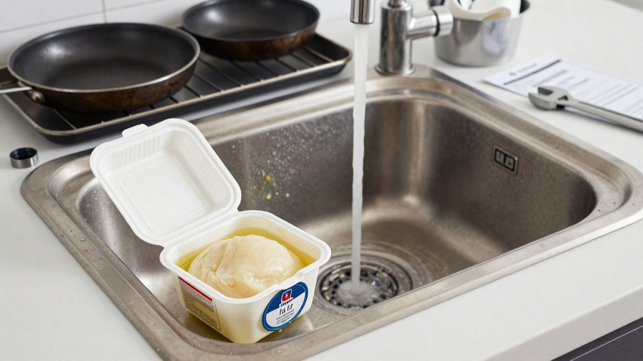 Pia de cozinha de inox com torneira aberta, saco plástico aberto com manteiga vegana, panelas ao fundo.