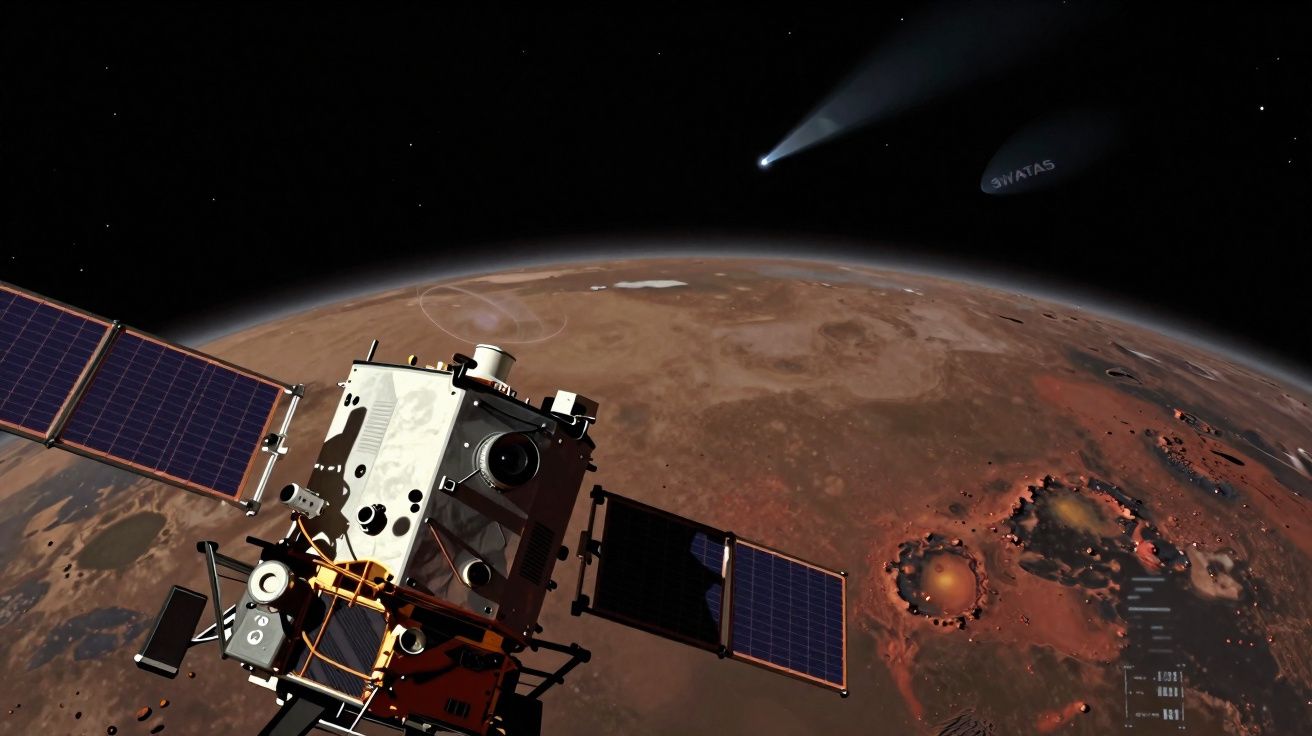 Sonda espacial com painéis solares orbitando Marte vista do espaço com planeta e estrelas ao fundo.