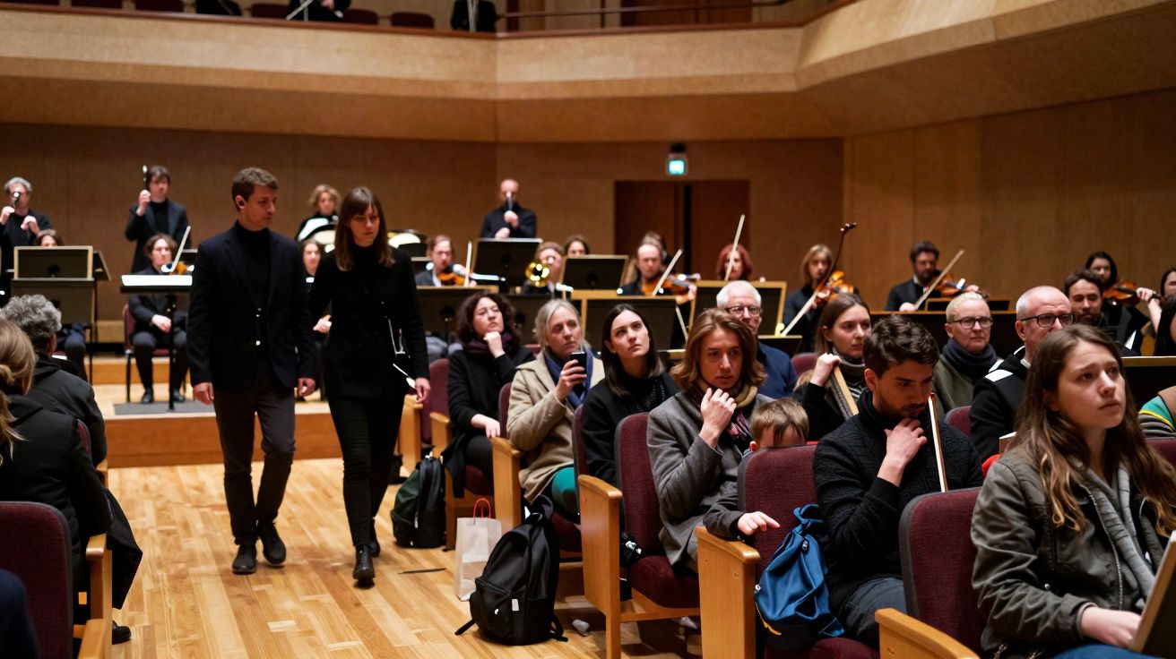 Público sentado em auditório durante concerto com músicos tocando ao fundo em palco.