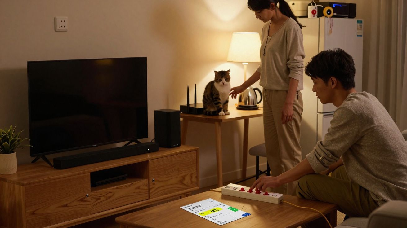 Casal em sala com gato, televisão apagada e lâmpada acesa, ambiente aconchegante e silencioso.