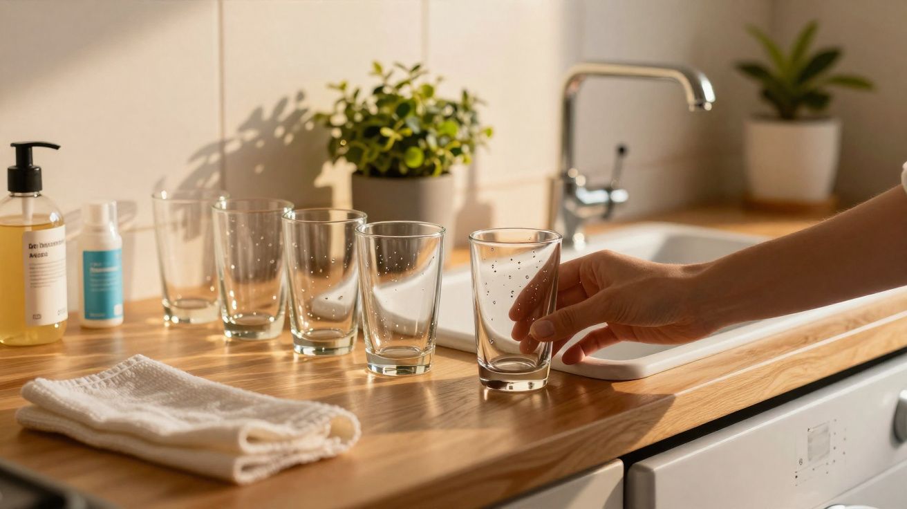 Mão segurando copo ao lado de outros copos alinhados em bancada de cozinha com plantas e pia ao fundo.