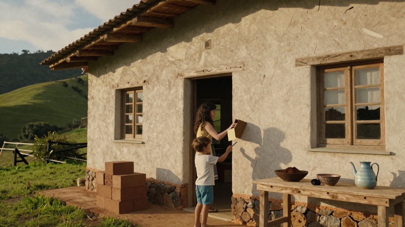 Criança passando tijolos para mulher na porta de casa rústica em área rural ao entardecer.