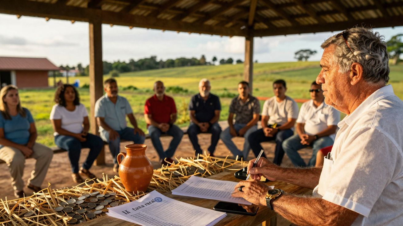 Homem branco sentado assinando documentos diante de grupo em reunião ao ar livre com paisagem rural.