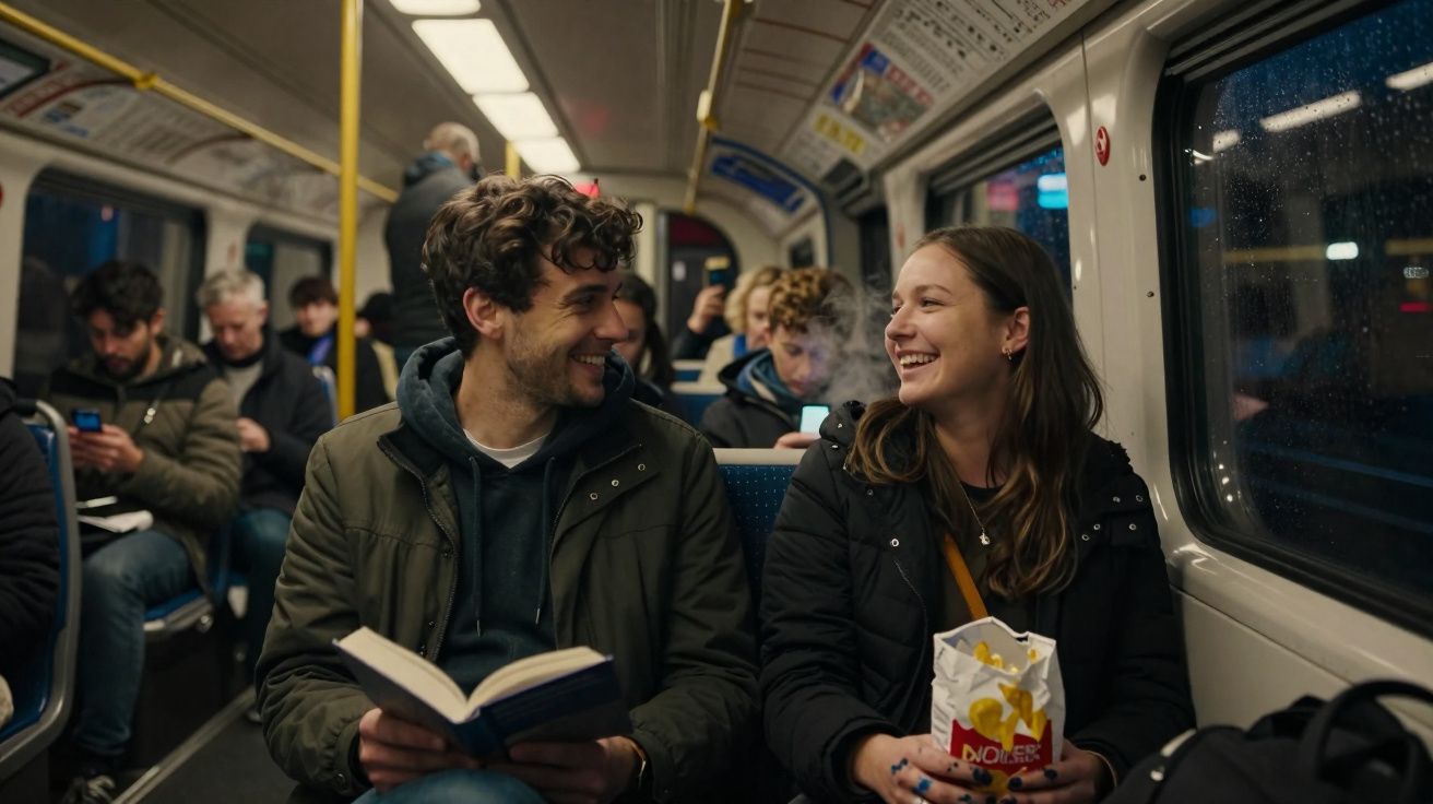 Jovem lendo livro e mulher comendo batata frita conversam em metrô durante viagem à noite.