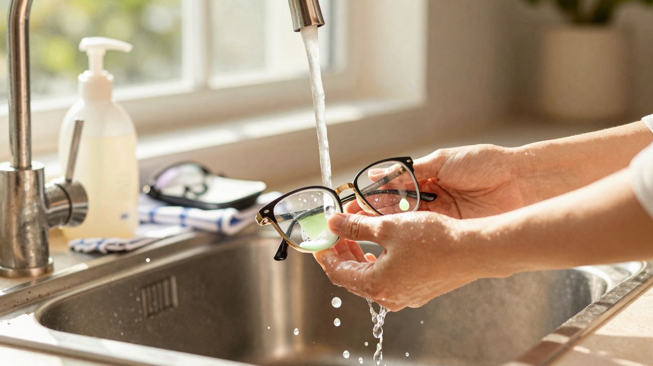 Pessoa lavando óculos com água corrente na pia da cozinha em ambiente iluminado pela luz natural.