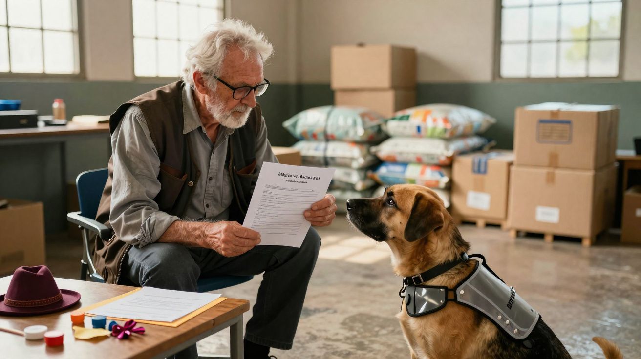 Homem idoso com óculos lendo papel para cachorro-guia em ambiente com caixas e sacos.