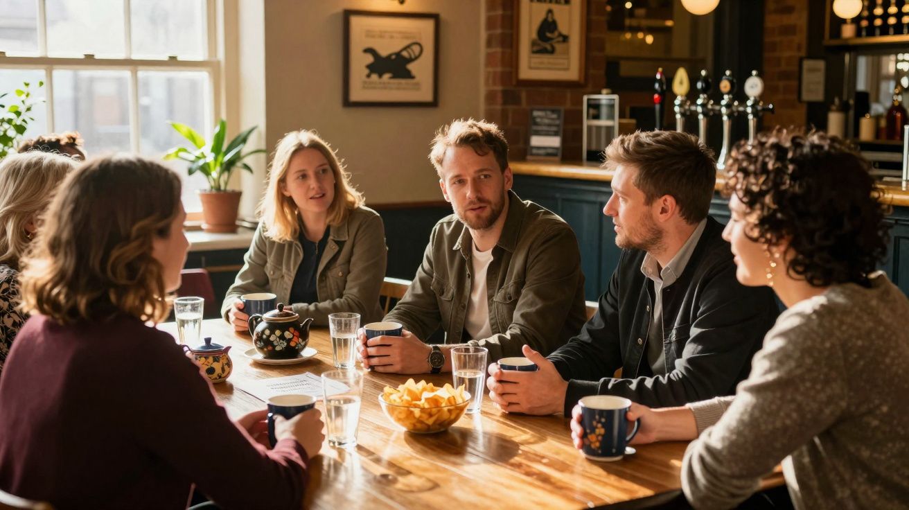 Grupo de seis pessoas conversando e tomando café em mesa de madeira dentro de um café aconchegante.