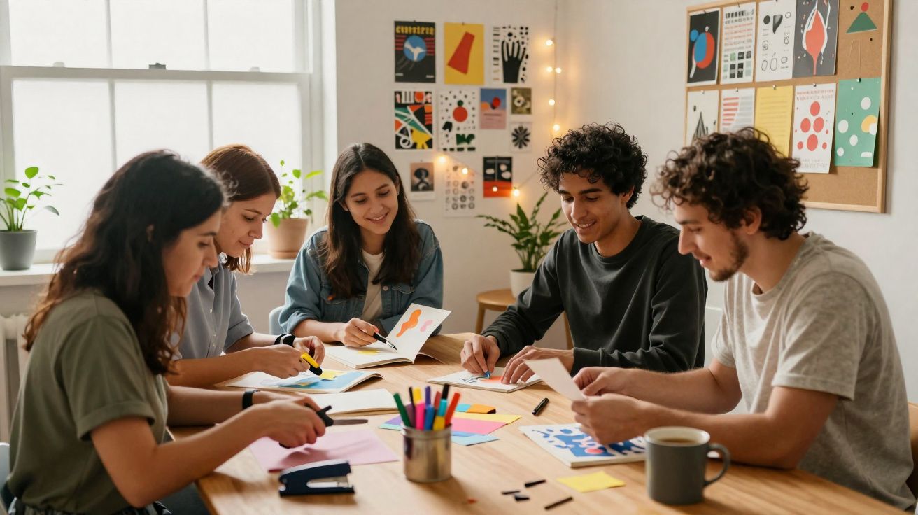 Grupo de jovens reunidos à mesa, trabalhando com papel e marcadores em ambiente criativo e iluminado.