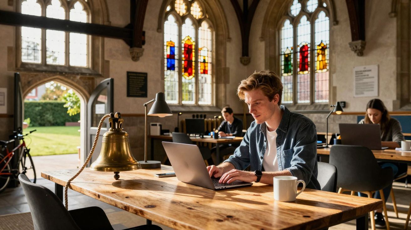 Pessoa trabalhando em laptop em mesa de madeira numa sala com janelas de vitrais coloridos e decoração clássica.