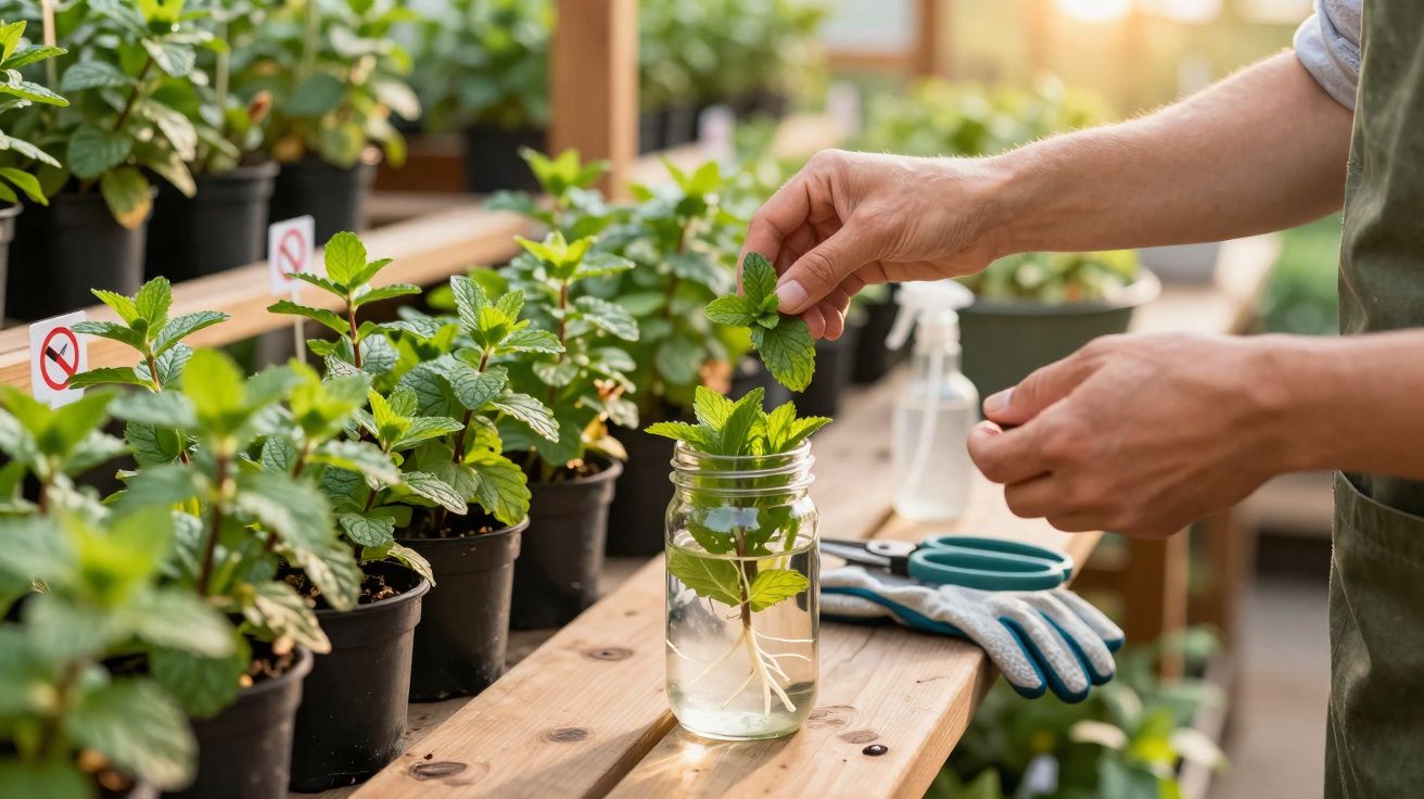 Pessoa cuidando de mudas de planta em pote de vidro dentro de estufa iluminada.