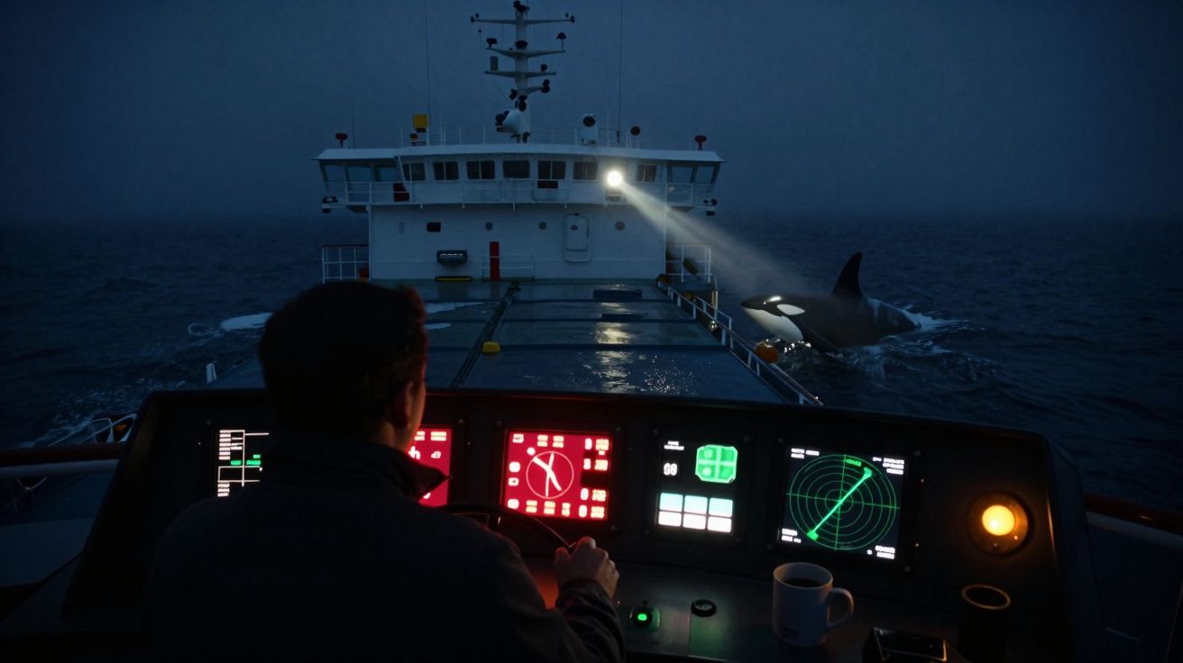 Pessoa no comando de um navio à noite com holofote iluminando uma orca perto da proa no mar escuro.