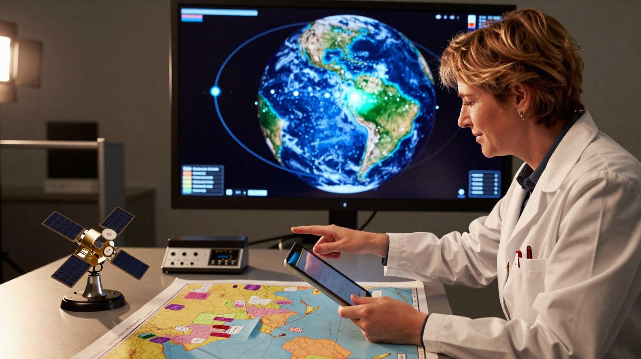 Mulher com jaleco branco analisando tablet, mapa e satélite com imagem da Terra ao fundo.