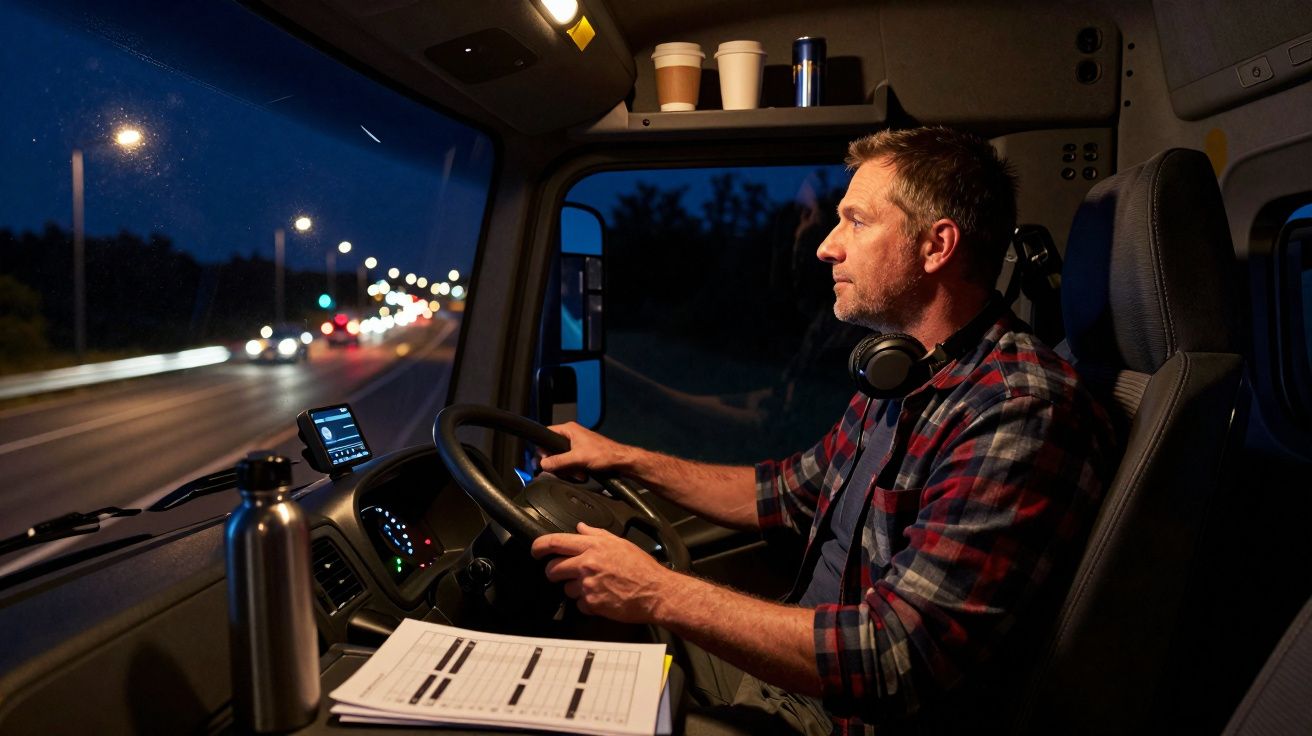 Motorista de caminhão dirigindo à noite com fones de ouvido e copos de café na cabine.