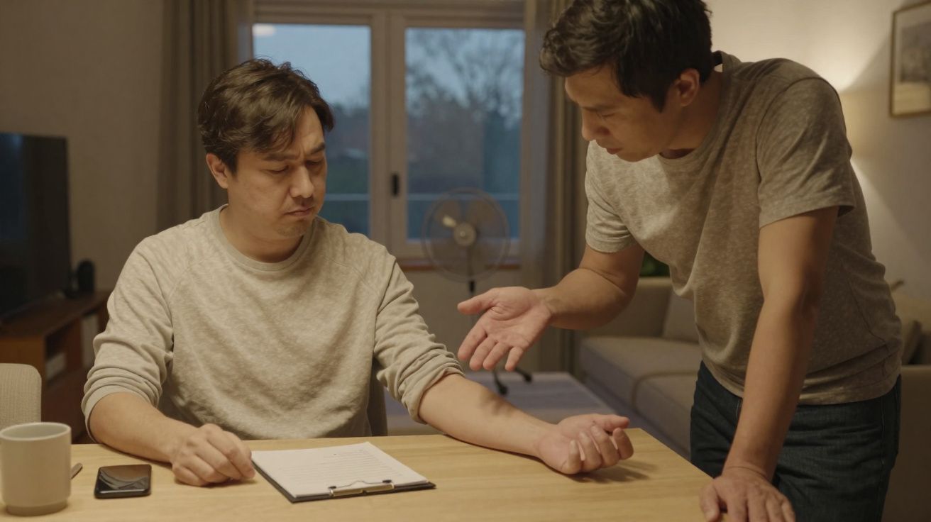 Dois homens conversando à mesa, um sentado com prancheta e outro em pé explicando algo com gestos.