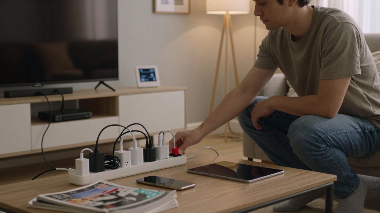 Homem conectando carregador em régua de energia em sala de estar com mesa e aparelhos eletrônicos.