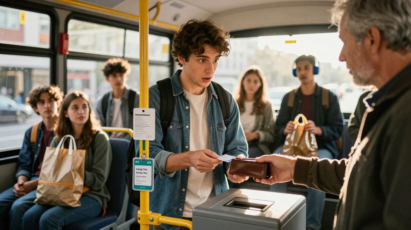 Jovem paga passagem ao motorista em ônibus urbano, com outros passageiros sentados ao fundo.
