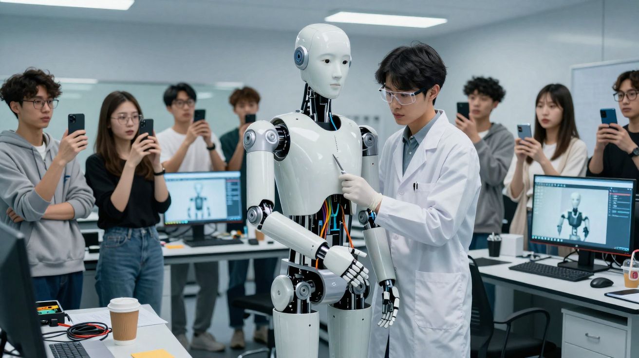 Estudante em jaleco ajusta robô humanoide enquanto grupo fotografa com celulares em laboratório tecnológico.