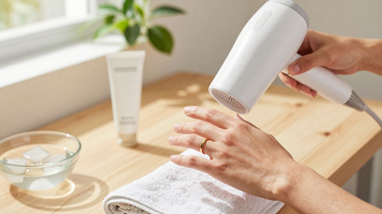 Pessoa secando as mãos com secador branco em mesa de madeira com toalha branca e produtos ao fundo.
