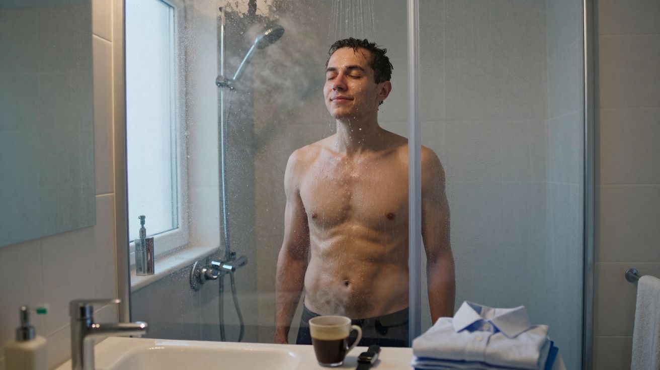 Homem tomando banho de chuveiro de box de vidro com olhos fechados e expressão tranquila.