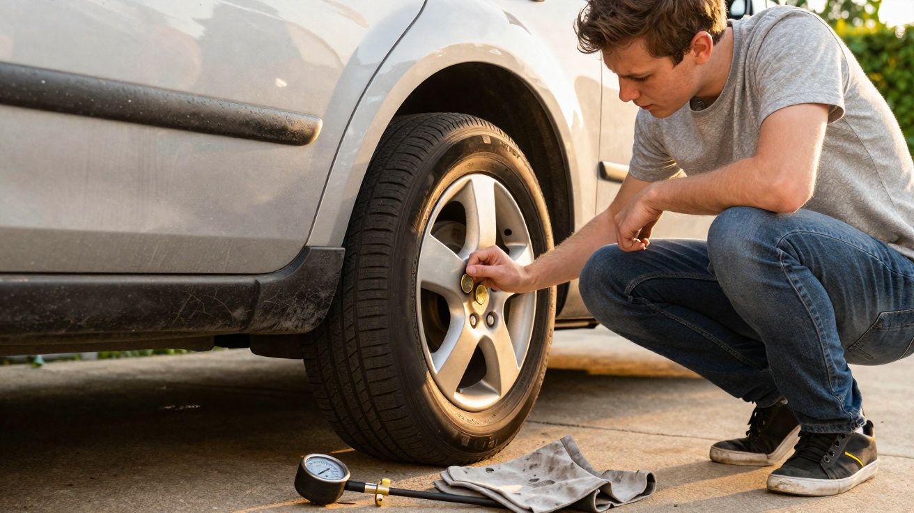 Homem conferindo e calibrando o pneu de um carro prata estacionado ao ar livre.