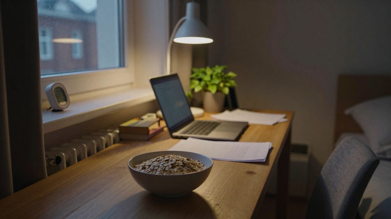 Mesa de madeira com tigela de aveia, laptop, documentos, planta e luminária à noite perto da janela.