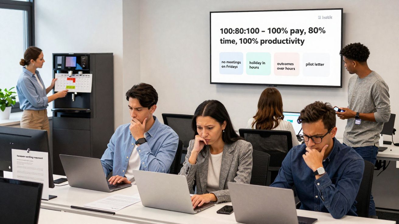 Equipe de trabalho concentrada em laptops em escritório moderno com apresentação em tela na parede.