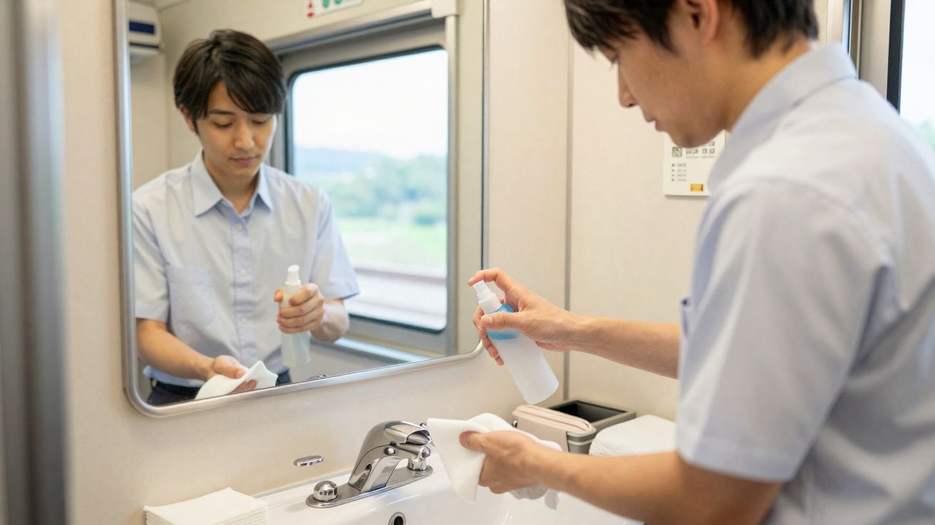Jovem limpando a pia de banheiro pequeno com pano e spray, refletido no espelho.