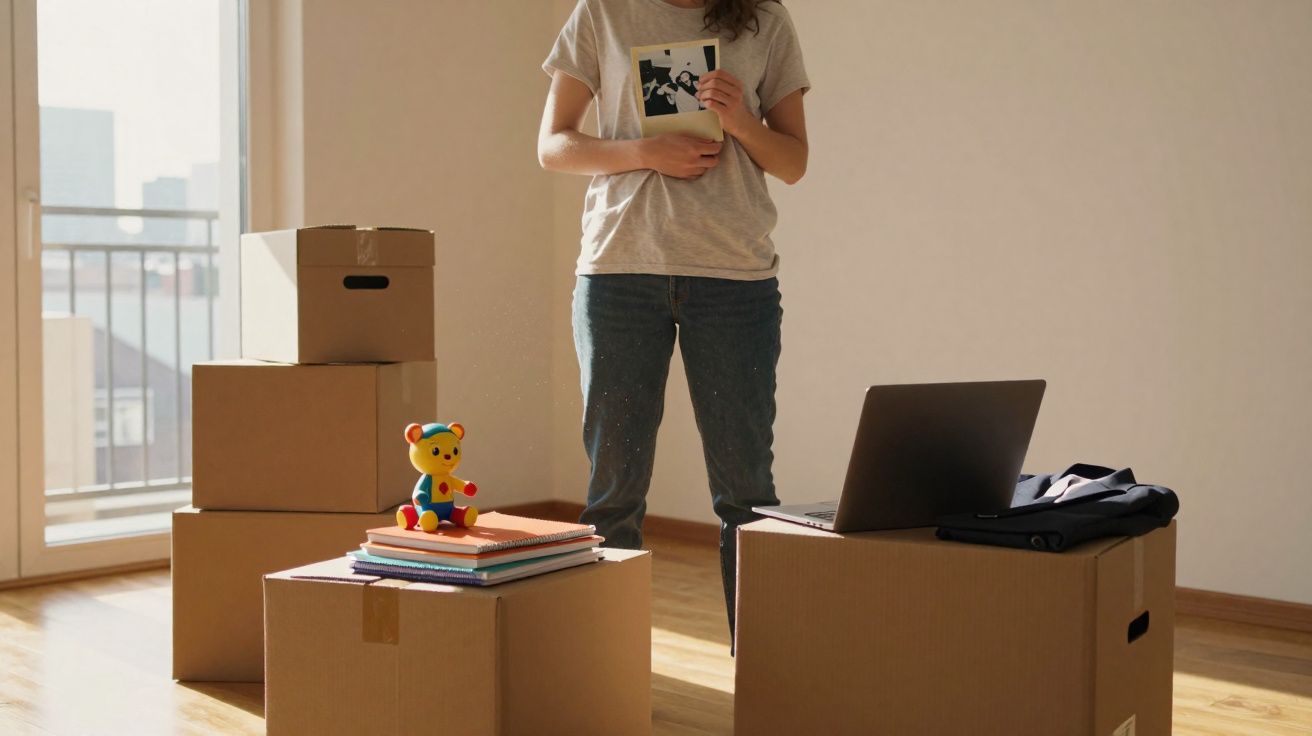Pessoa segurando foto em pé em sala vazia com caixas de mudança, computador e ursinho de pelúcia.