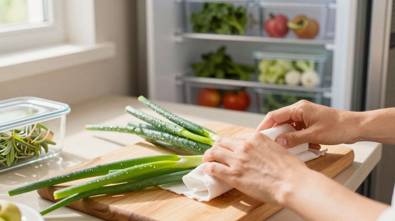 Mãos secando cebolinha fresca com pano em tábua na cozinha, geladeira ao fundo com legumes e verduras.