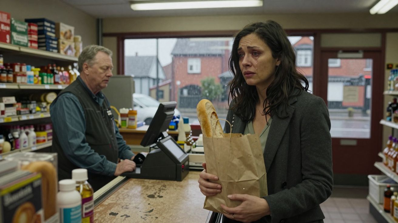Mulher triste com saco de pão em loja, homem no caixa ao fundo fazendo registro da compra.