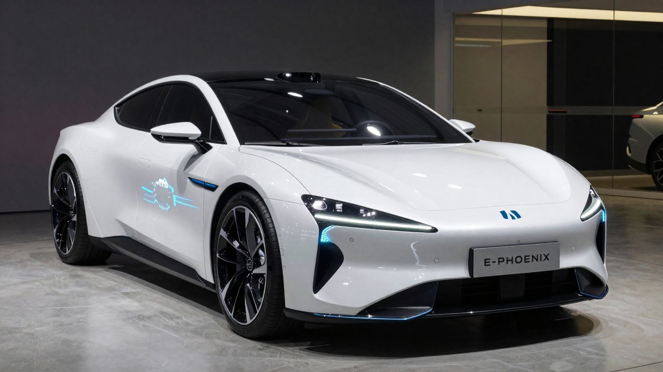 Carro elétrico esportivo branco E-Phoenix estacionado em ambiente interno com iluminação suave.