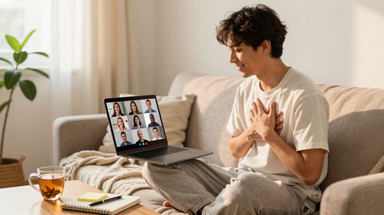 Pessoa sorrindo e participando de videoconferência em laptop no sofá da sala.