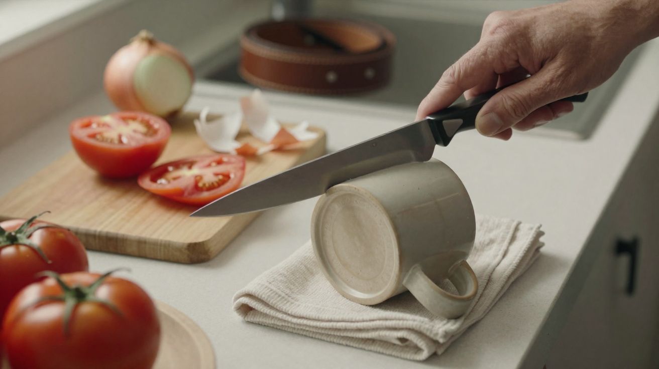 Pessoa afiando uma faca em uma caneca virada sobre pano na bancada da cozinha com tomates e cebolas.