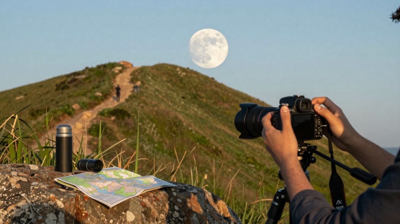 Pessoa ajusta câmera em tripé para fotografar a lua cheia em colina com mapa e binóculo sobre pedra.