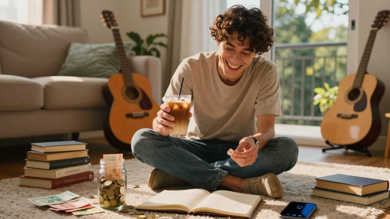 Jovem sentado no chão com vários livros, moedas e um copo de bebida na mão, sorrindo dentro de casa.