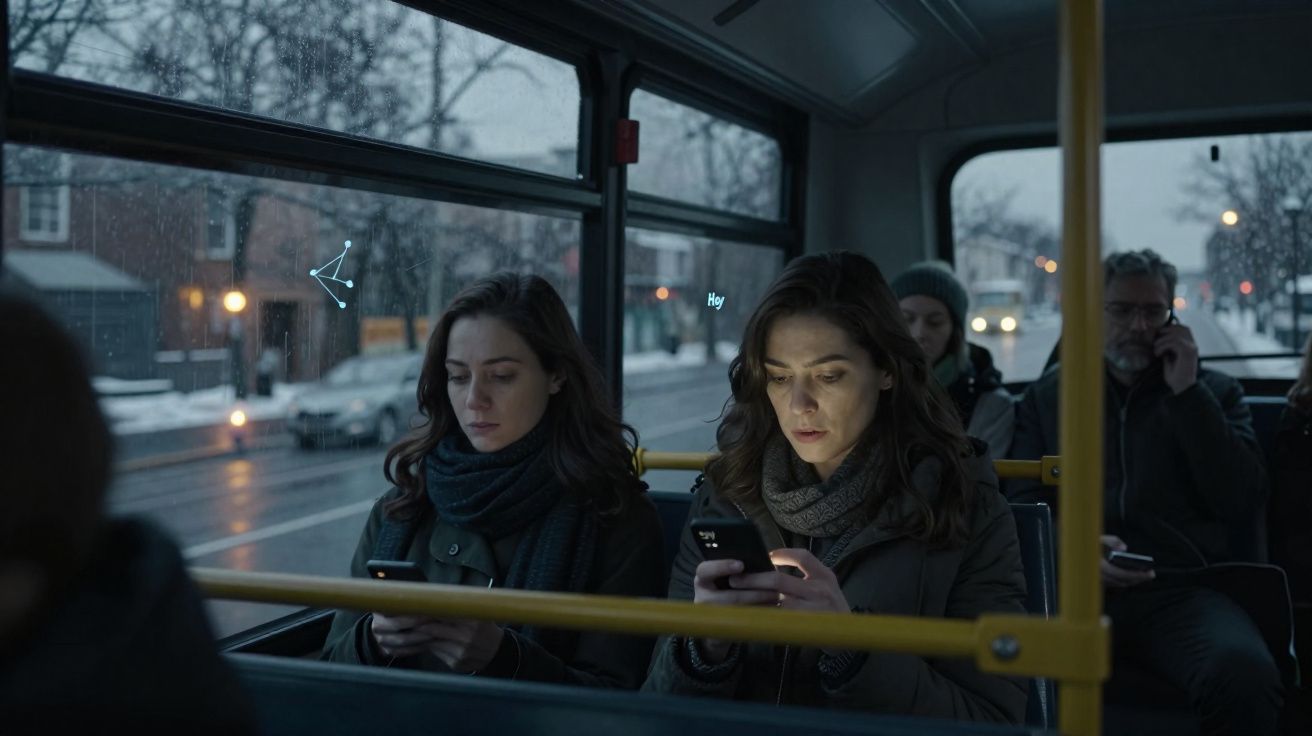 Duas mulheres usando celulares em um ônibus em ambiente urbano frio e com pouca luz natural.