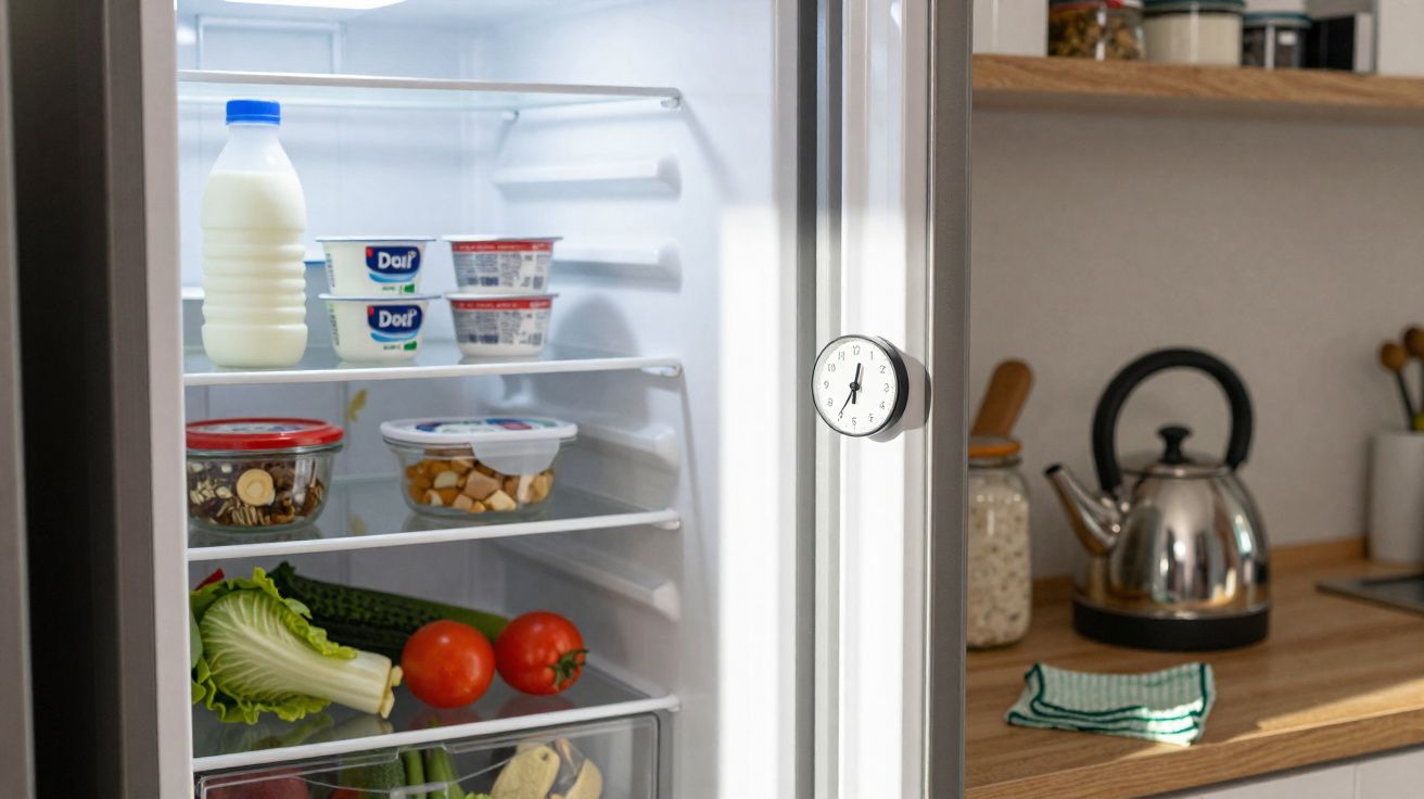 Geladeira aberta com leite, iogurte, vegetais e potes organizadores, próxima a chaleira e bancada de cozinha.