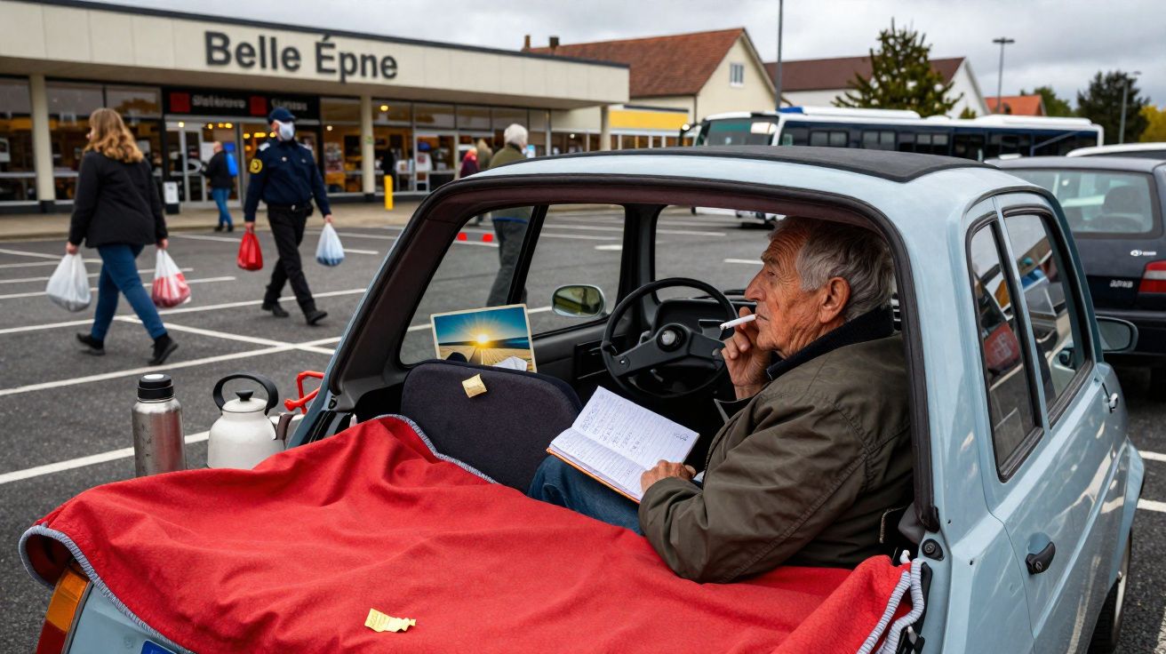 Idoso sentado em carro aberto com cobertor vermelho, lendo livro e fumando, em estacionamento de supermercado.