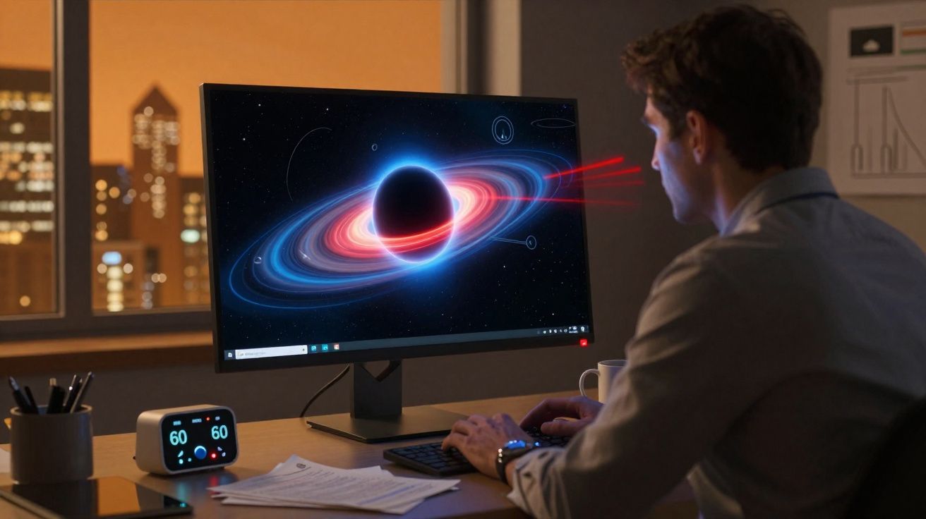Homem em escritório à noite olhando para tela de computador com imagem digital de planeta e anéis coloridos.